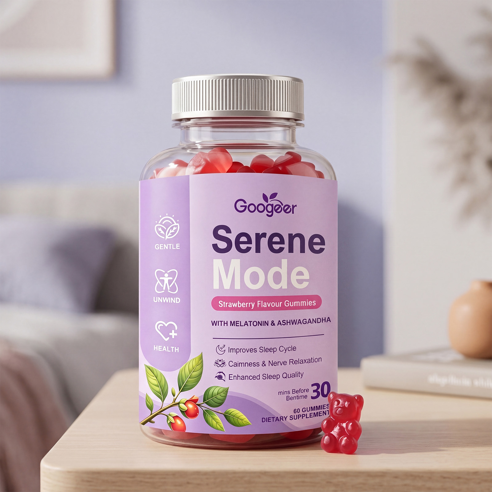 D&eacute;licieux oursons apaisants &agrave; la fraise mode s&eacute;r&eacute;nit&eacute; avec m&eacute;latonine et ashwagandha pour la relaxation nocturne et le soutien du bien-&ecirc;tre quotidien