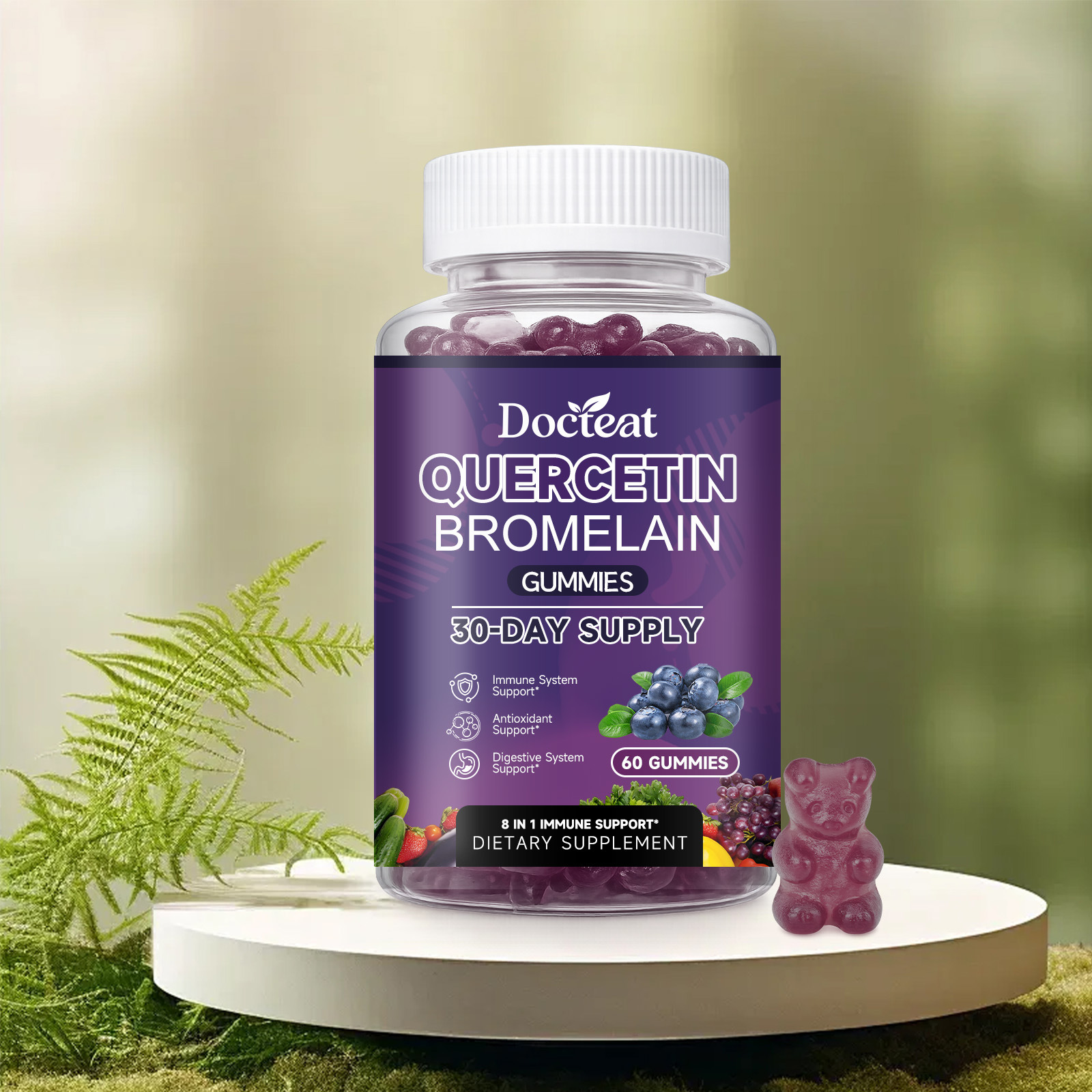 Compl&eacute;ment alimentaire en gommes antioxydant premium 8 en 1 avec querc&eacute;tine et brom&eacute;la&iuml;ne pour la gomme immunitaire et digestive quotidienne
